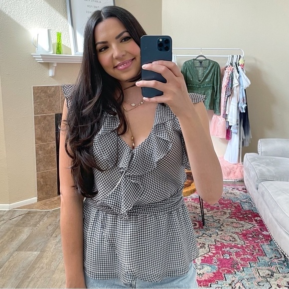 Max Studio Wrap Ruffle V neck checkered blouse - Picture 2 of 4